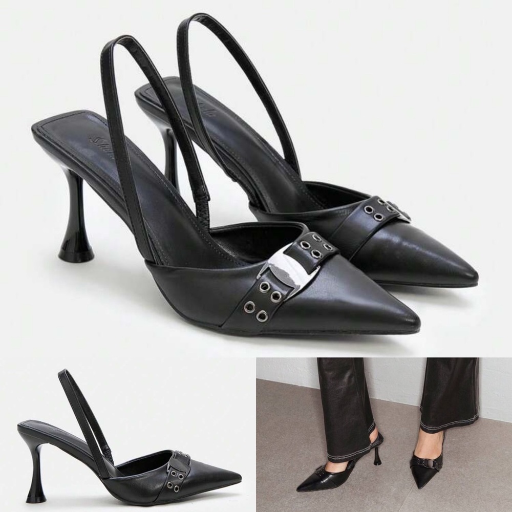 Black buckle detail slingback heels